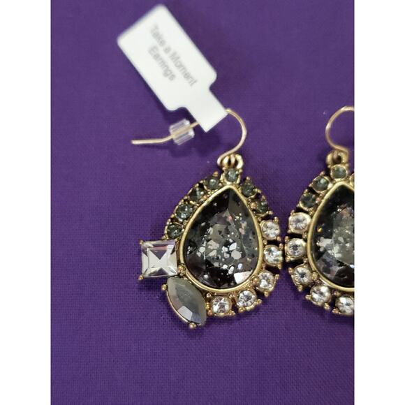 Teardrop Dangle Rhinestone Earrings Smokey Clear Lace Like Design Brass Tone New - Picture 2 of 7
